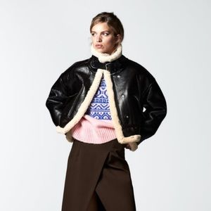 Faux leather fleece collared jacket